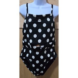 Polka Dot Black & White One-Piece Swimsuit With Belted Waist & Adjustable Straps